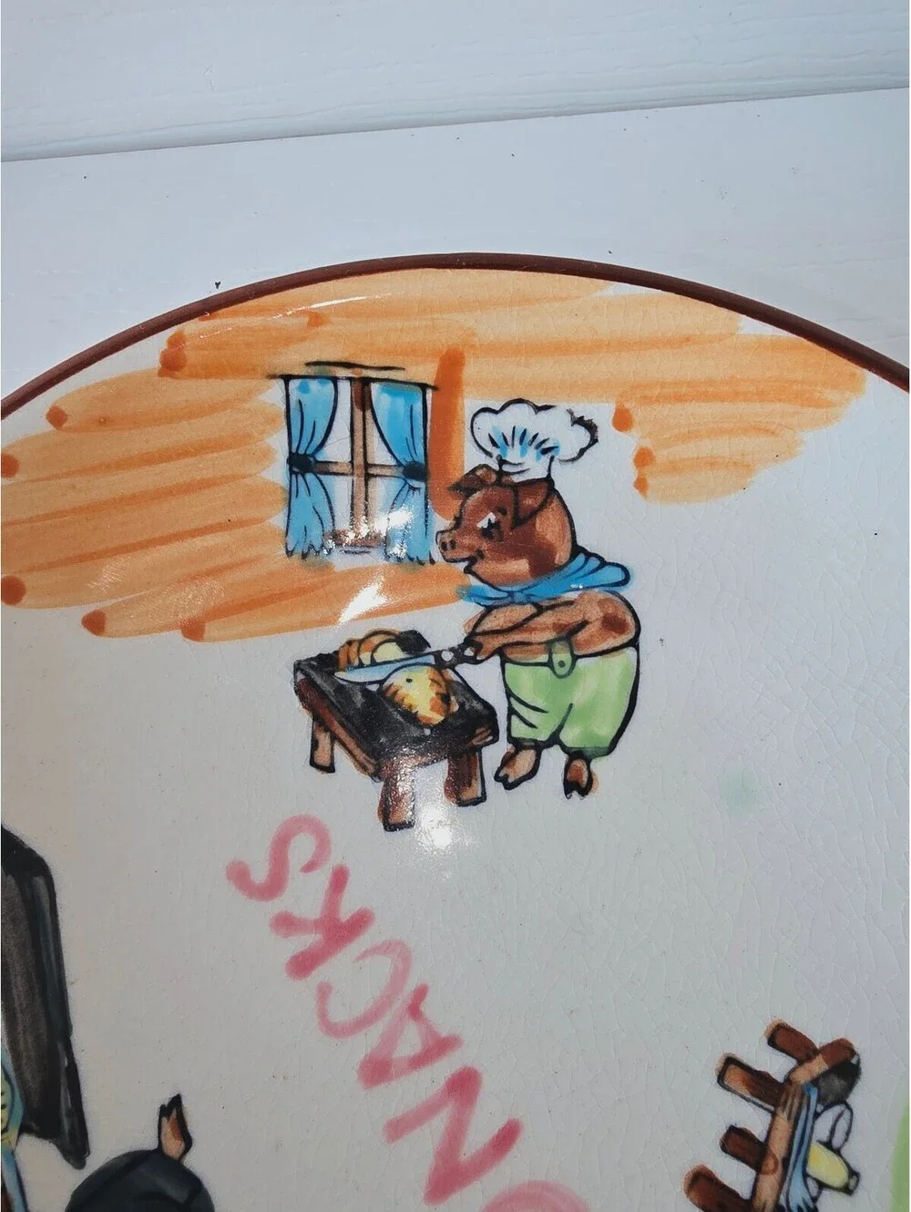 Vintage Ceramic Skillet Wall Plaque Three Little Pigs Chef Snacks Wooden Handle